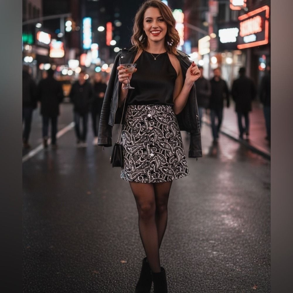 Cooperative Urban Outfitters Paisley Tapestry Mini Skirt Black Silver Snap Front